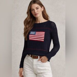 Vintage Flag Crochet Navy Sweater American Flag Large